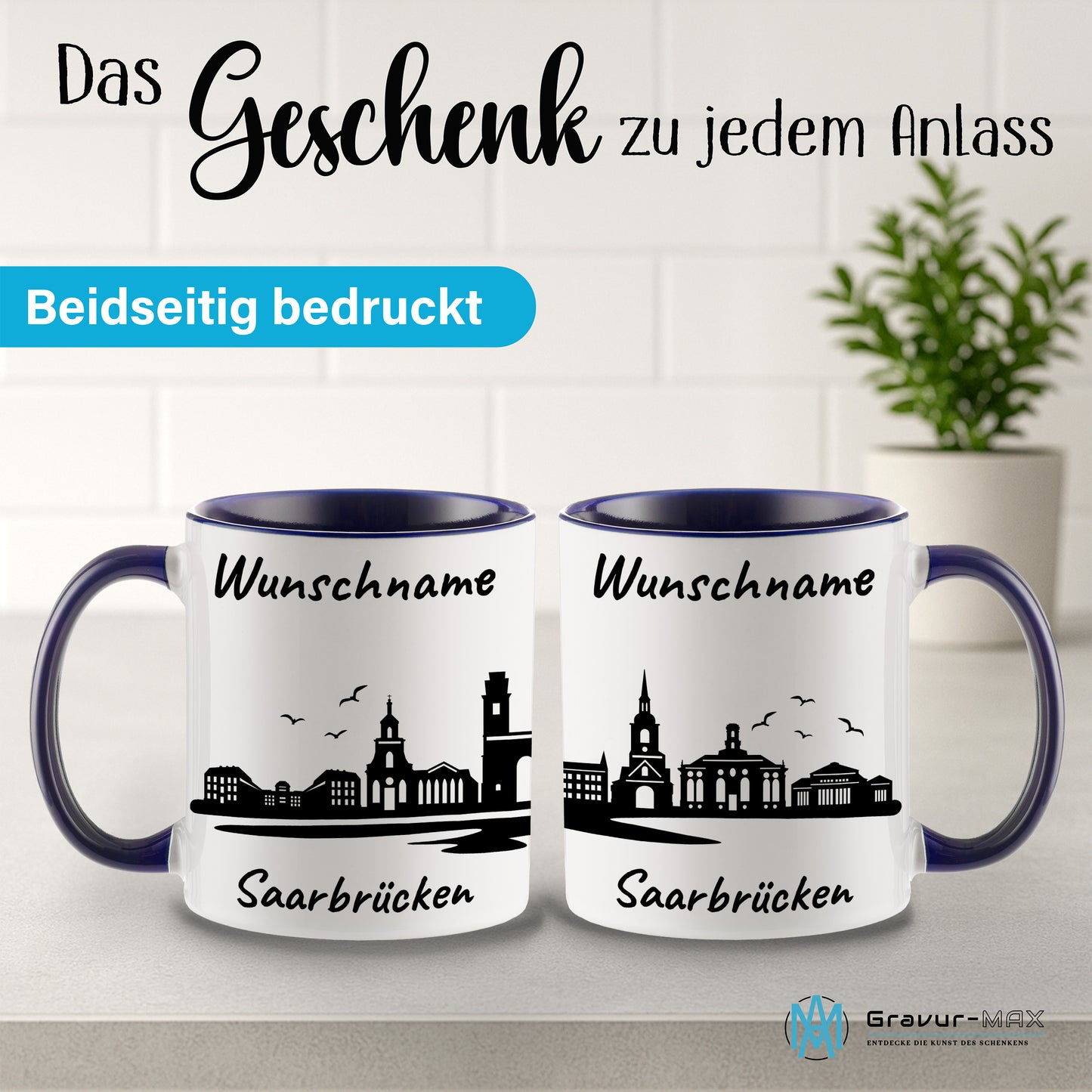 Tasse in Dunkelblau 330ml bedruckt mit der Skyline von Saarbrücken personalisierbar mit Wunschname
