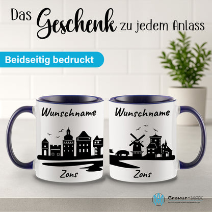 Tasse in Dunkelblau 330ml bedruckt mit der Skyline von Zons (Dormagen) personalisierbar mit Wunschname