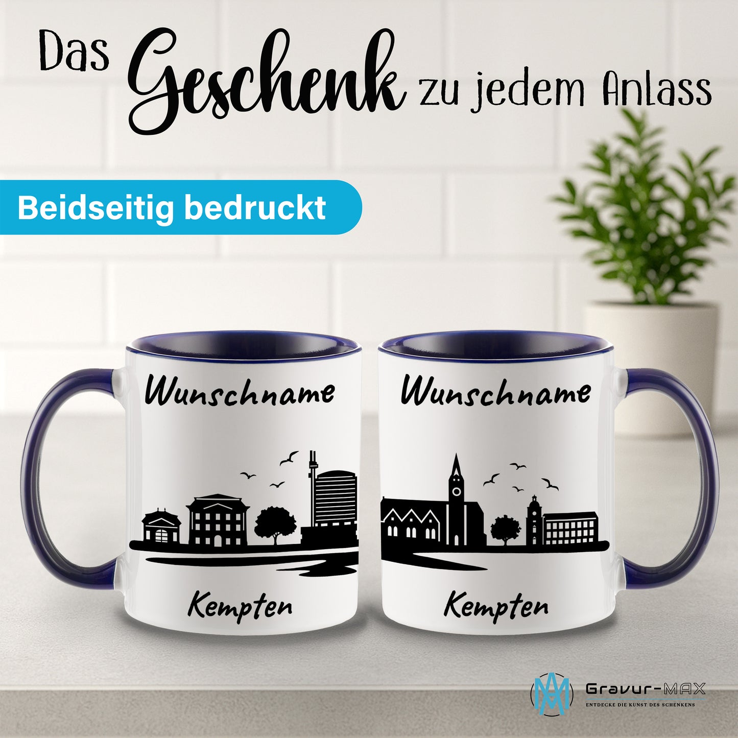 Tasse in Dunkelblau 330ml bedruckt mit der Skyline von Kempten personalisierbar mit Wunschname