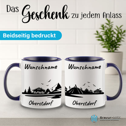 Tasse in Dunkelblau 330ml bedruckt mit der Skyline von Oberstdorf personalisierbar mit Wunschname