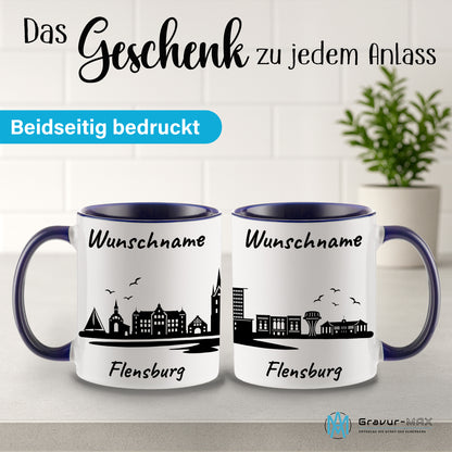 Tasse in Dunkelblau 330ml bedruckt mit der Skyline von Flensburg personalisierbar mit Wunschname