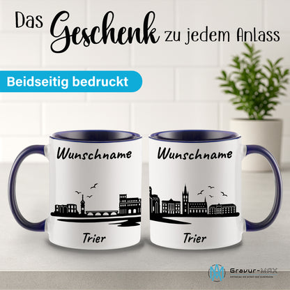 Tasse in Dunkelblau 330ml bedruckt mit der Skyline von Trier personalisierbar mit Wunschname