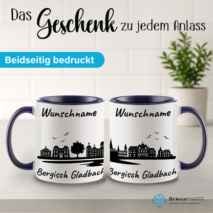 Tasse in Dunkelblau 330ml bedruckt mit der Skyline von Bergisch Gladbach personalisierbar mit Wunschname