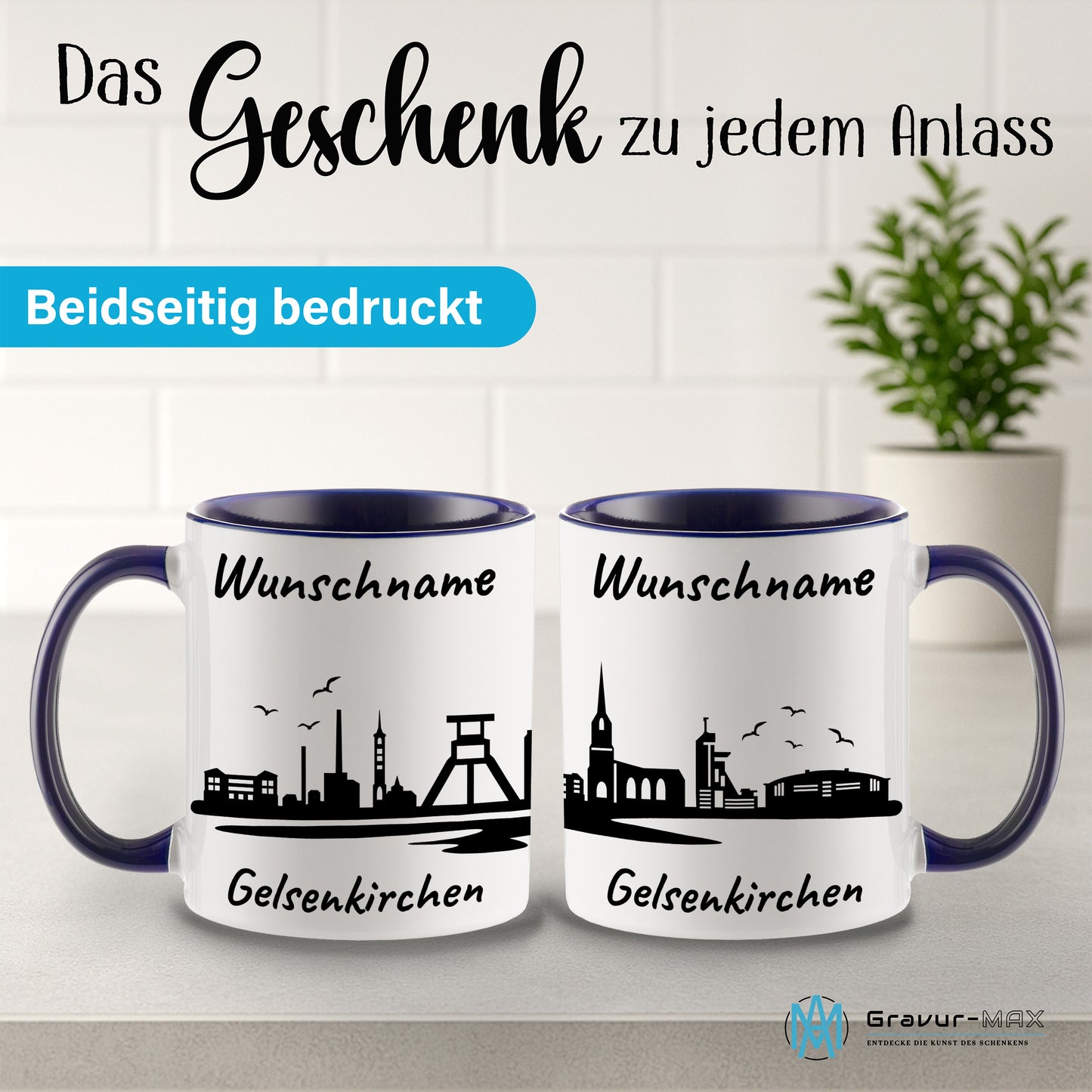 Tasse in Dunkelblau 330ml bedruckt mit der Skyline von Gelsenkirchen personalisierbar mit Wunschname