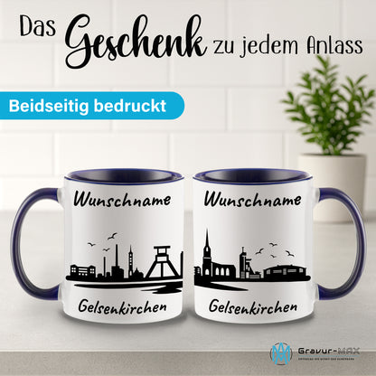 Tasse in Dunkelblau 330ml bedruckt mit der Skyline von Gelsenkirchen personalisierbar mit Wunschname