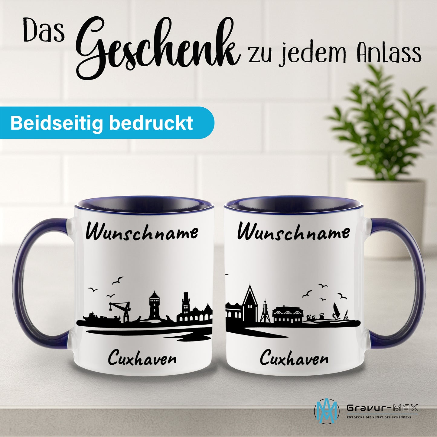 Tasse in Dunkelblau 330ml bedruckt mit der Skyline von Cuxhaven personalisierbar mit Wunschname