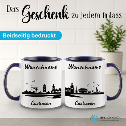 Tasse in Dunkelblau 330ml bedruckt mit der Skyline von Cuxhaven personalisierbar mit Wunschname