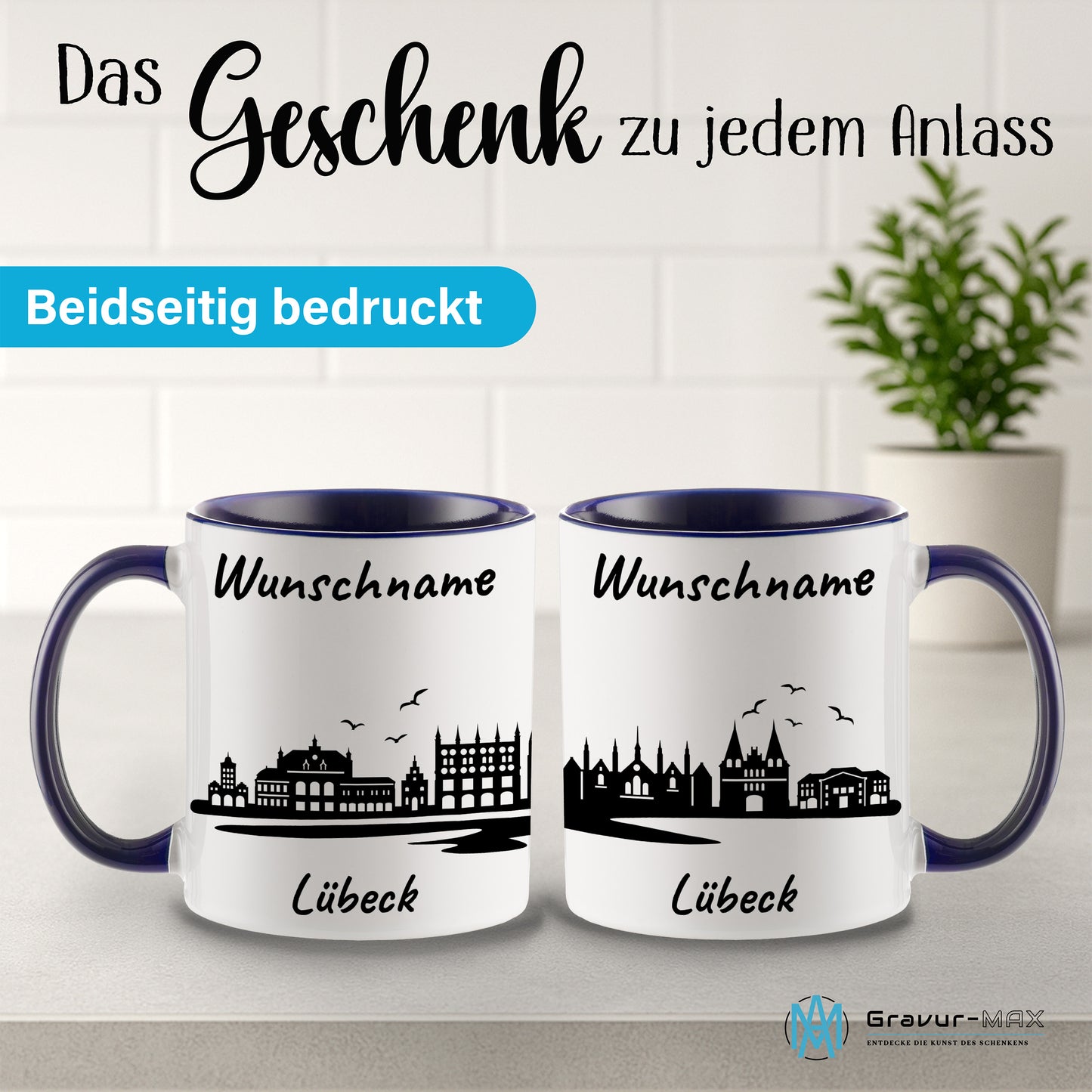 Tasse in Dunkelblau 330ml bedruckt mit der Skyline von Lübeck personalisierbar mit Wunschname