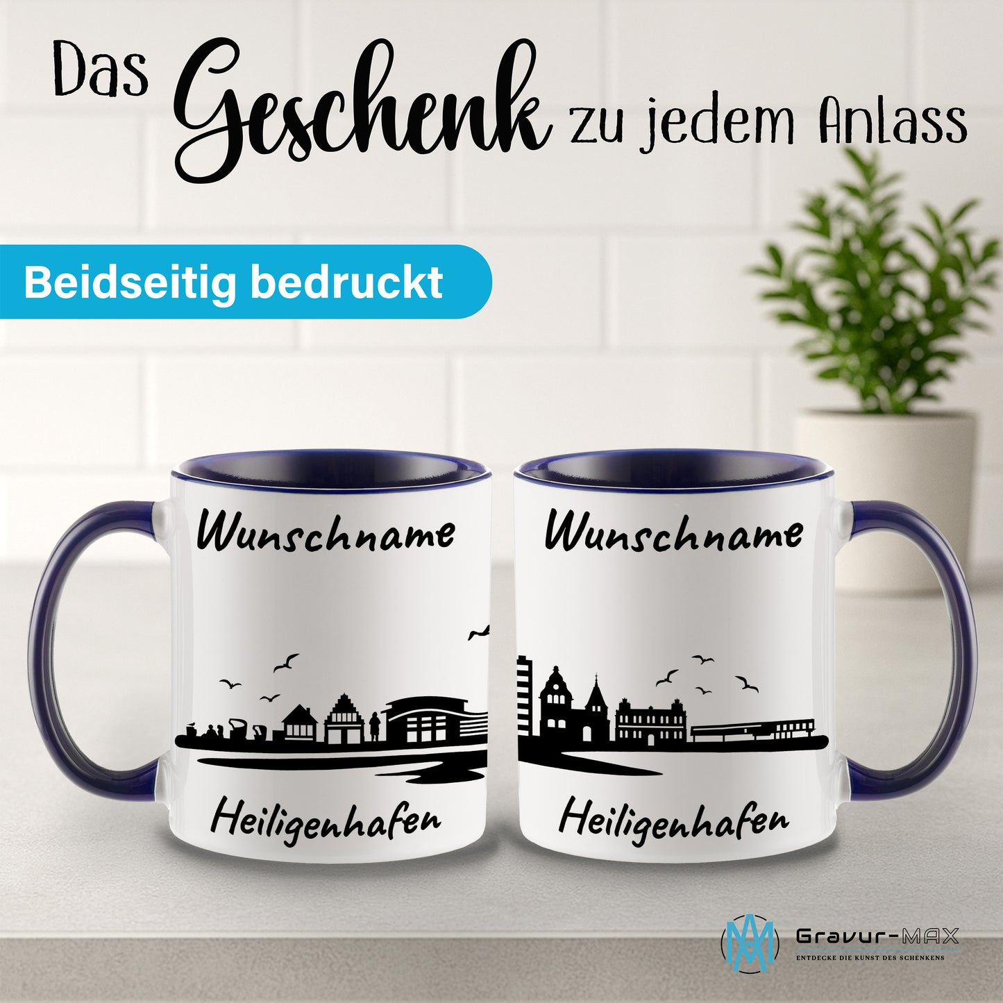 Tasse in Dunkelblau 330ml bedruckt mit der Skyline von Heiligenhafen personalisierbar mit Wunschname