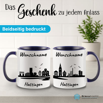 Tasse in Dunkelblau 330ml bedruckt mit der Skyline von Hattingen personalisierbar mit Wunschname
