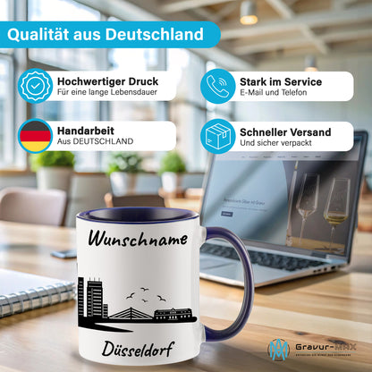 Tasse in Dunkelblau 330ml bedruckt mit der Skyline von Düsseldorf personalisierbar mit Wunschname