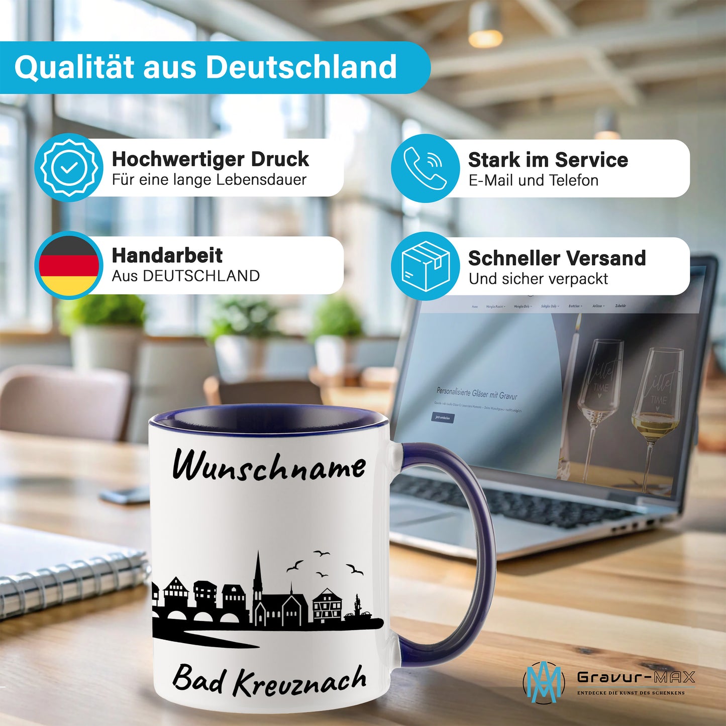 Tasse in Dunkelblau 330ml bedruckt mit der Skyline von Bad Kreuznach personalisierbar mit Wunschname
