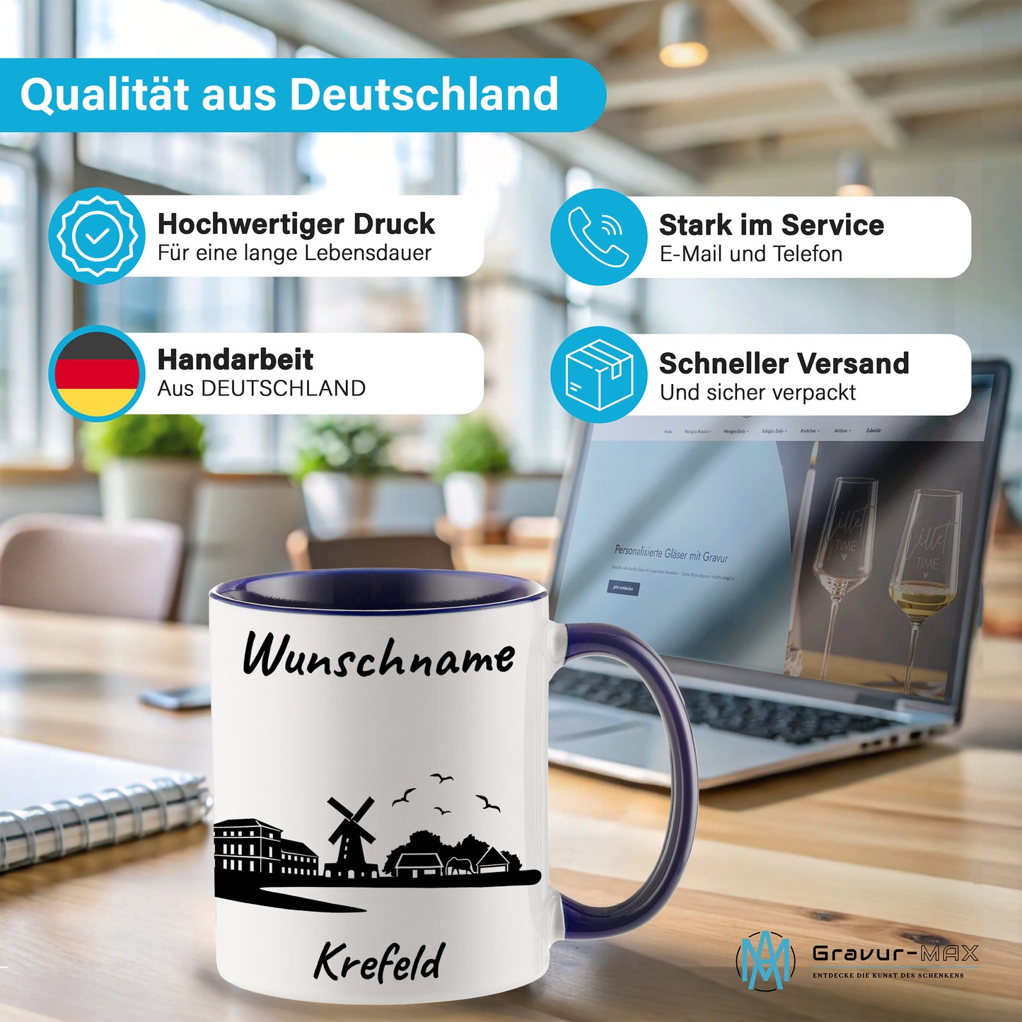 Tasse in Dunkelblau 330ml bedruckt mit der Skyline von Krefeld personalisierbar mit Wunschname