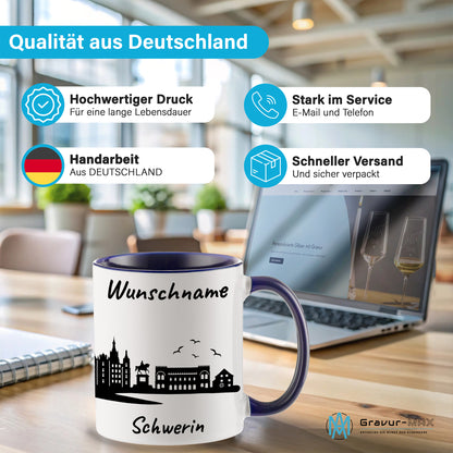 Tasse in Dunkelblau 330ml bedruckt mit der Skyline von Schwerin personalisierbar mit Wunschname