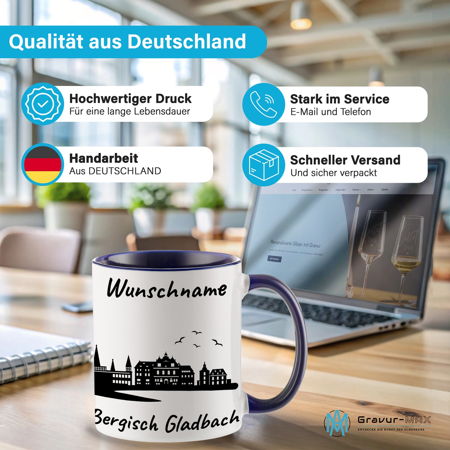 Tasse in Dunkelblau 330ml bedruckt mit der Skyline von Bergisch Gladbach personalisierbar mit Wunschname