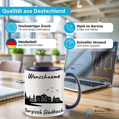 Tasse in Dunkelblau 330ml bedruckt mit der Skyline von Bergisch Gladbach personalisierbar mit Wunschname
