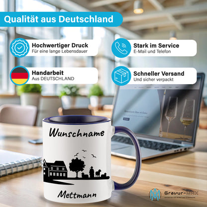Tasse in Dunkelblau 330ml bedruckt mit der Skyline von Mettmann personalisierbar mit Wunschname
