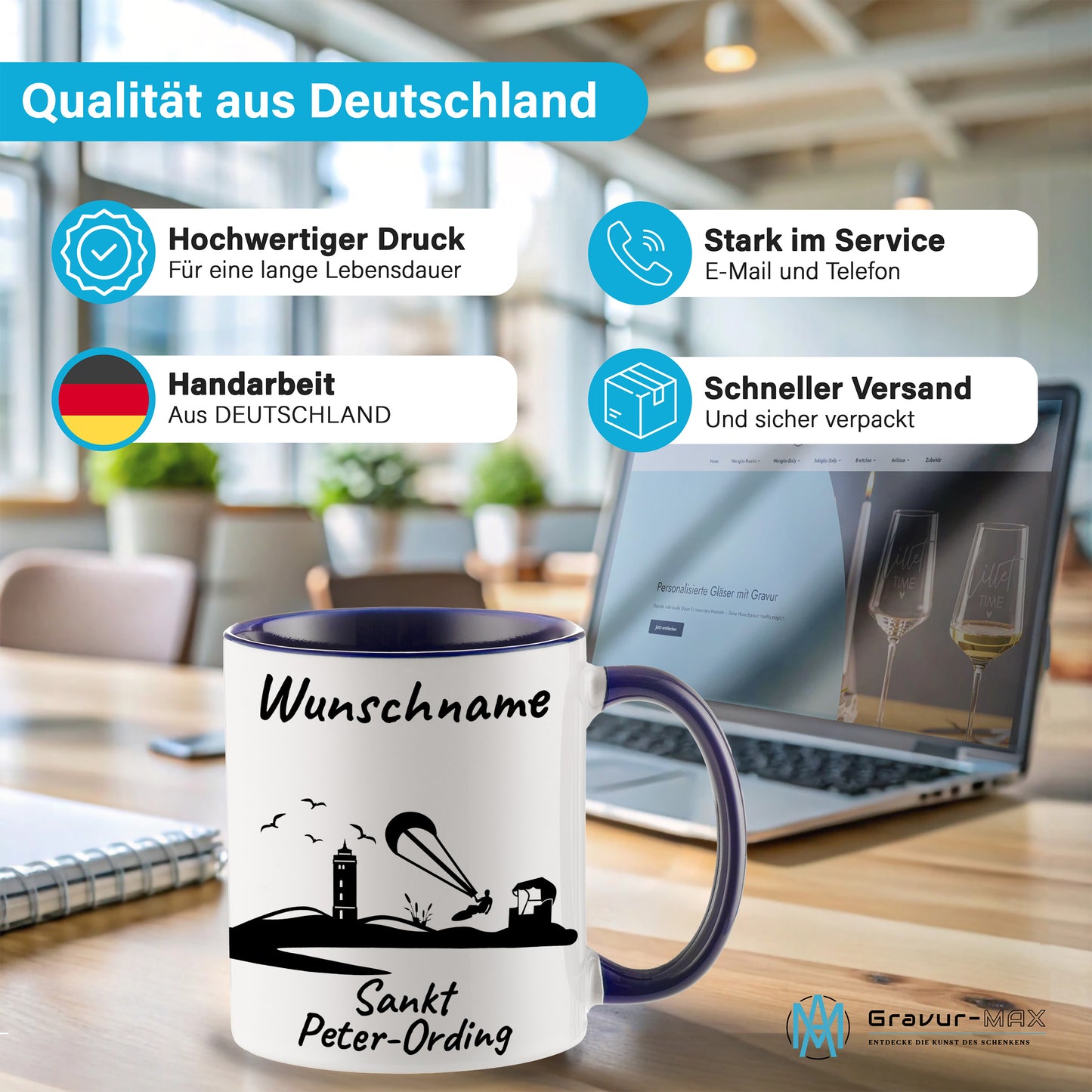 Tasse in Dunkelblau 330ml bedruckt mit der Skyline von Sankt Peter-Ording personalisierbar mit Wunschname