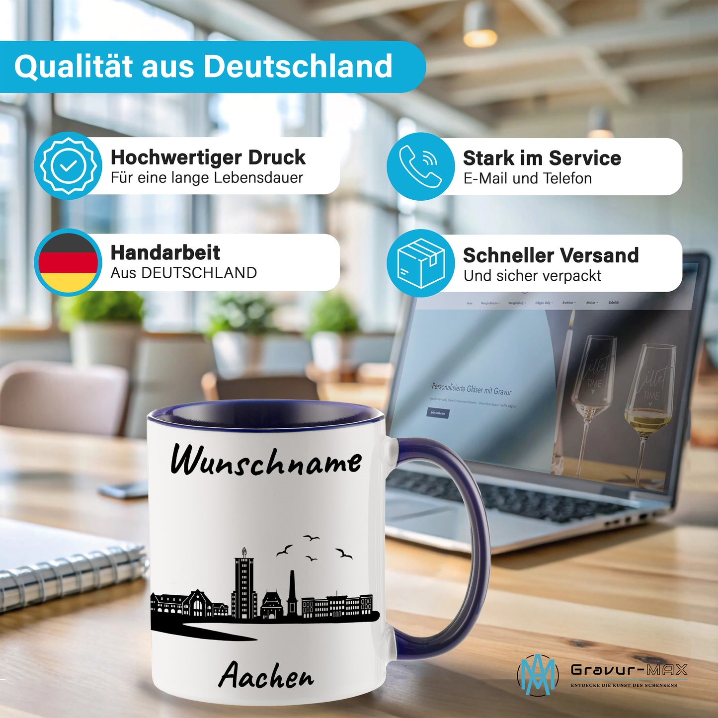 Tasse in Dunkelblau 330ml bedruckt mit der Skyline von Aachen personalisierbar mit Wunschname