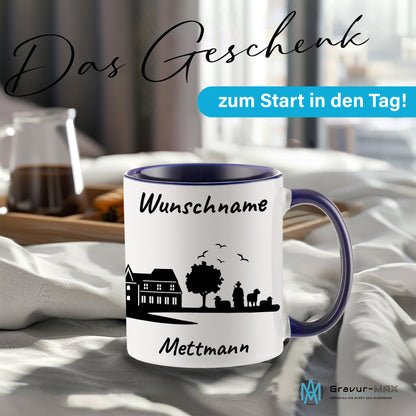 Tasse in Dunkelblau 330ml bedruckt mit der Skyline von Mettmann personalisierbar mit Wunschname
