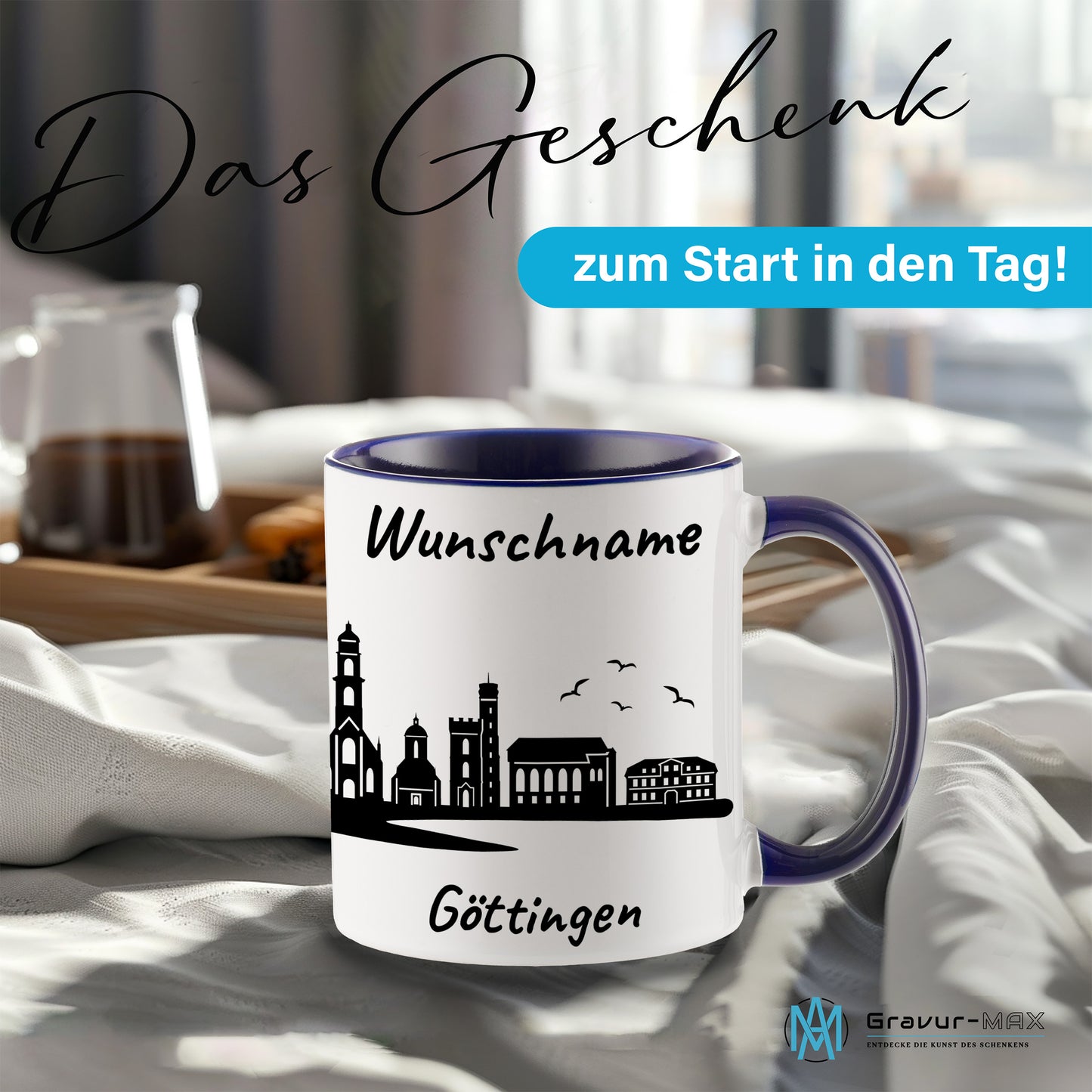 Tasse in Dunkelblau 330ml bedruckt mit der Skyline von Göttingen personalisierbar mit Wunschname