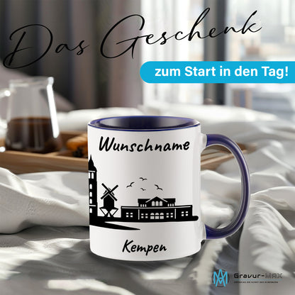 Tasse in Dunkelblau 330ml bedruckt mit der Skyline von Kempen personalisierbar mit Wunschname