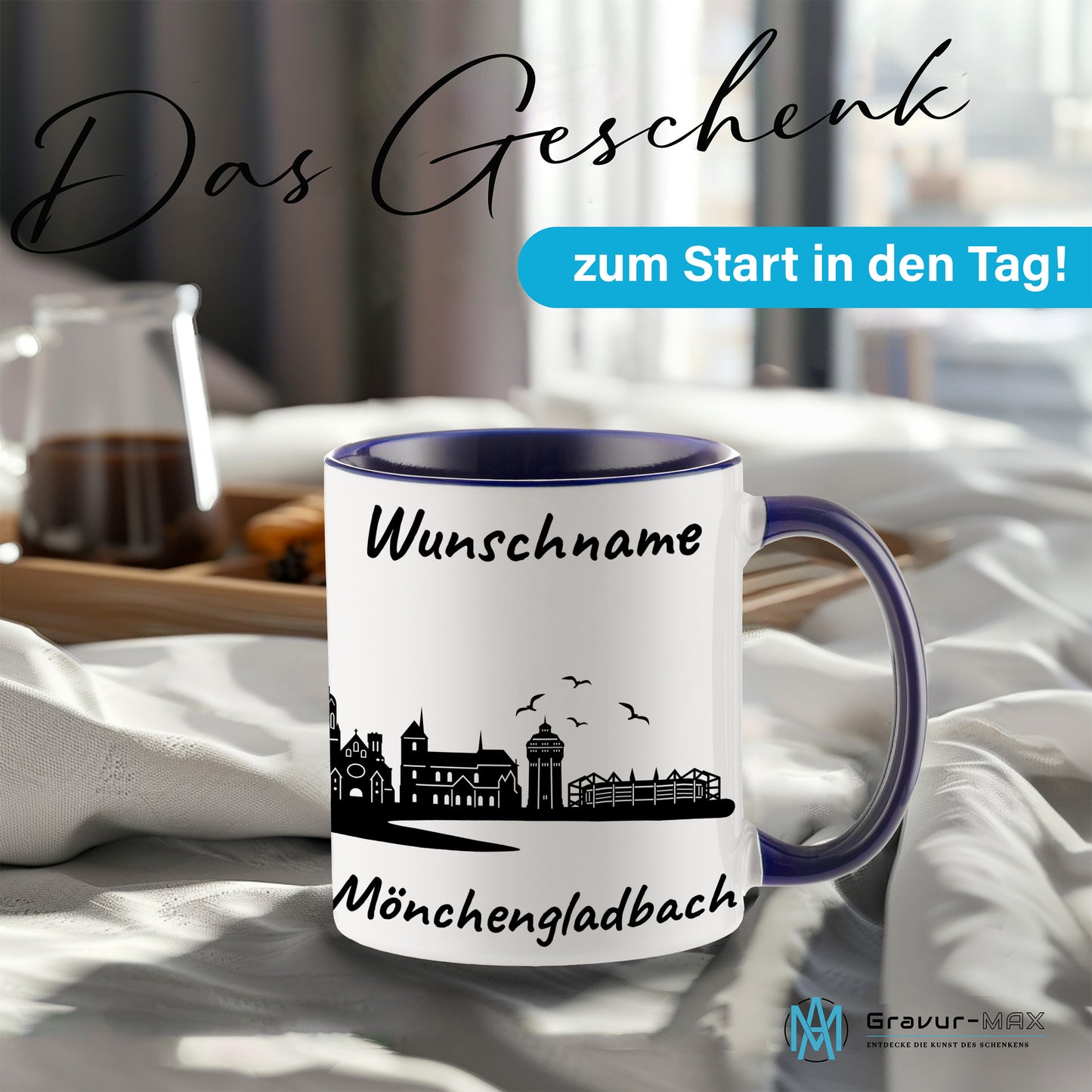 Tasse in Dunkelblau 330ml bedruckt mit der Skyline von Mönchengladbach personalisierbar mit Wunschname