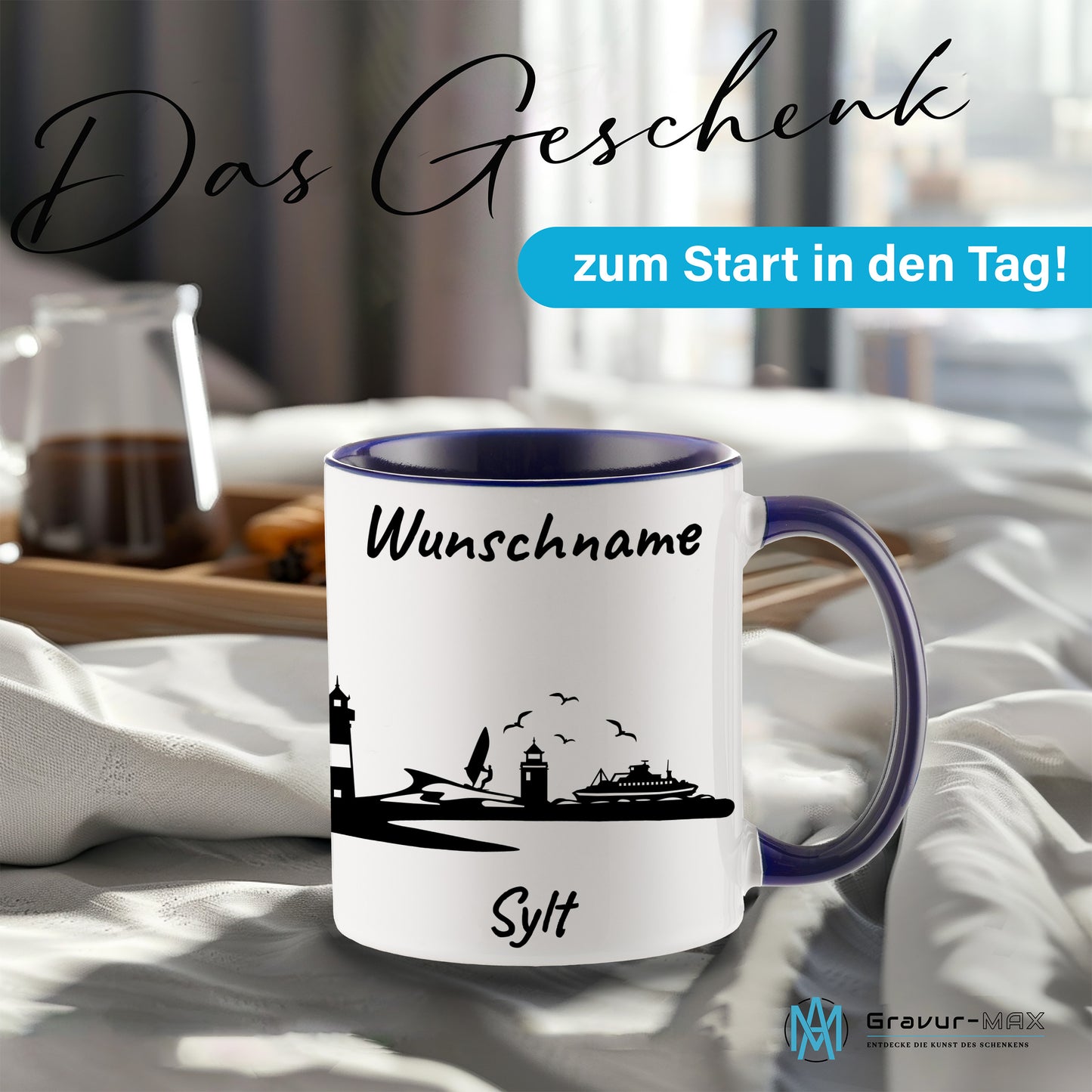 Tasse in Dunkelblau 330ml bedruckt mit der Skyline von Sylt personalisierbar mit Wunschname