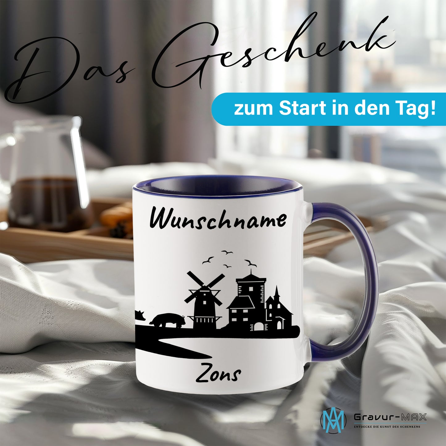 Tasse in Dunkelblau 330ml bedruckt mit der Skyline von Zons (Dormagen) personalisierbar mit Wunschname