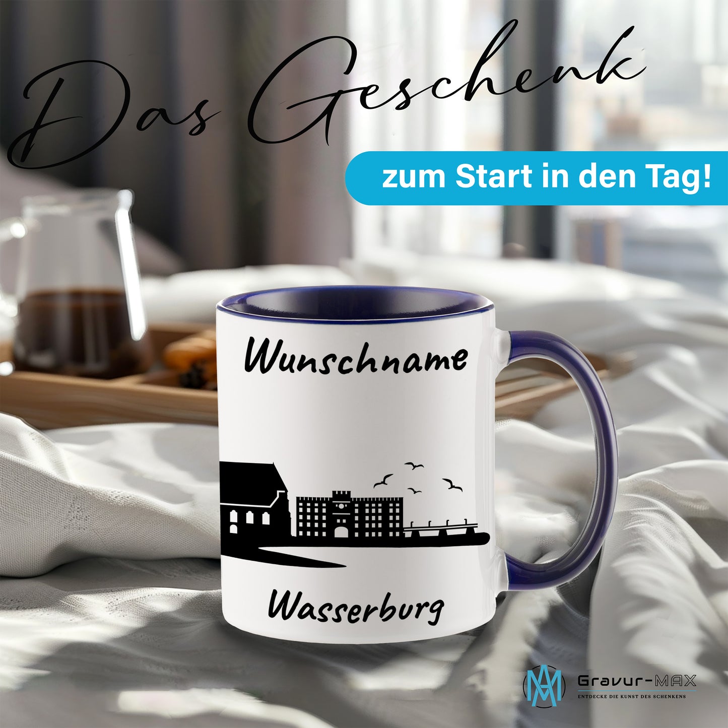Tasse in Dunkelblau 330ml bedruckt mit der Skyline von Wasserburg personalisierbar mit Wunschname