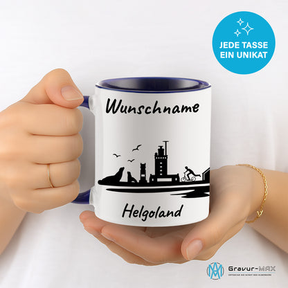 Tasse in Dunkelblau 330ml bedruckt mit der Skyline von Helgoland personalisierbar mit Wunschname