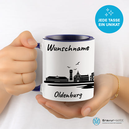 Tasse in Dunkelblau 330ml bedruckt mit der Skyline von Oldenburg personalisierbar mit Wunschname