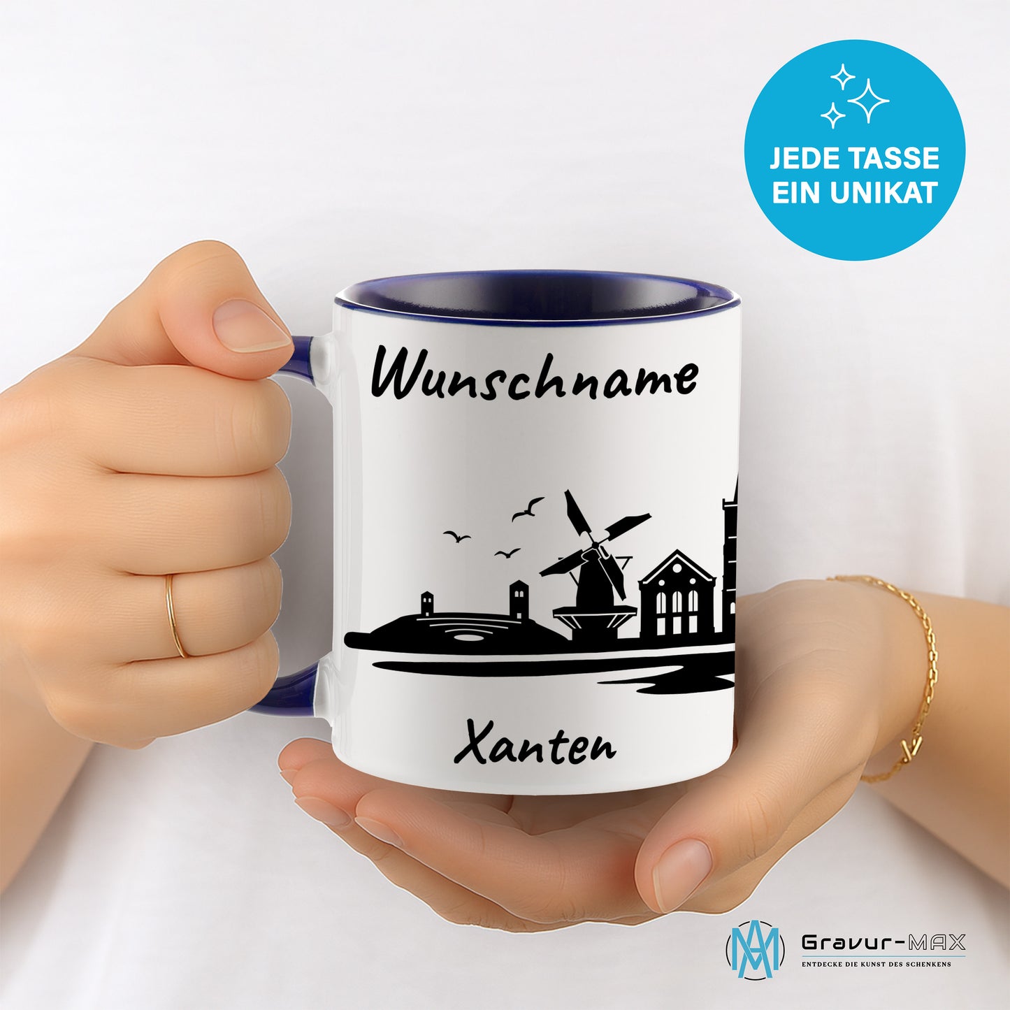 Tasse in Dunkelblau 330ml bedruckt mit der Skyline von Xanten personalisierbar mit Wunschname