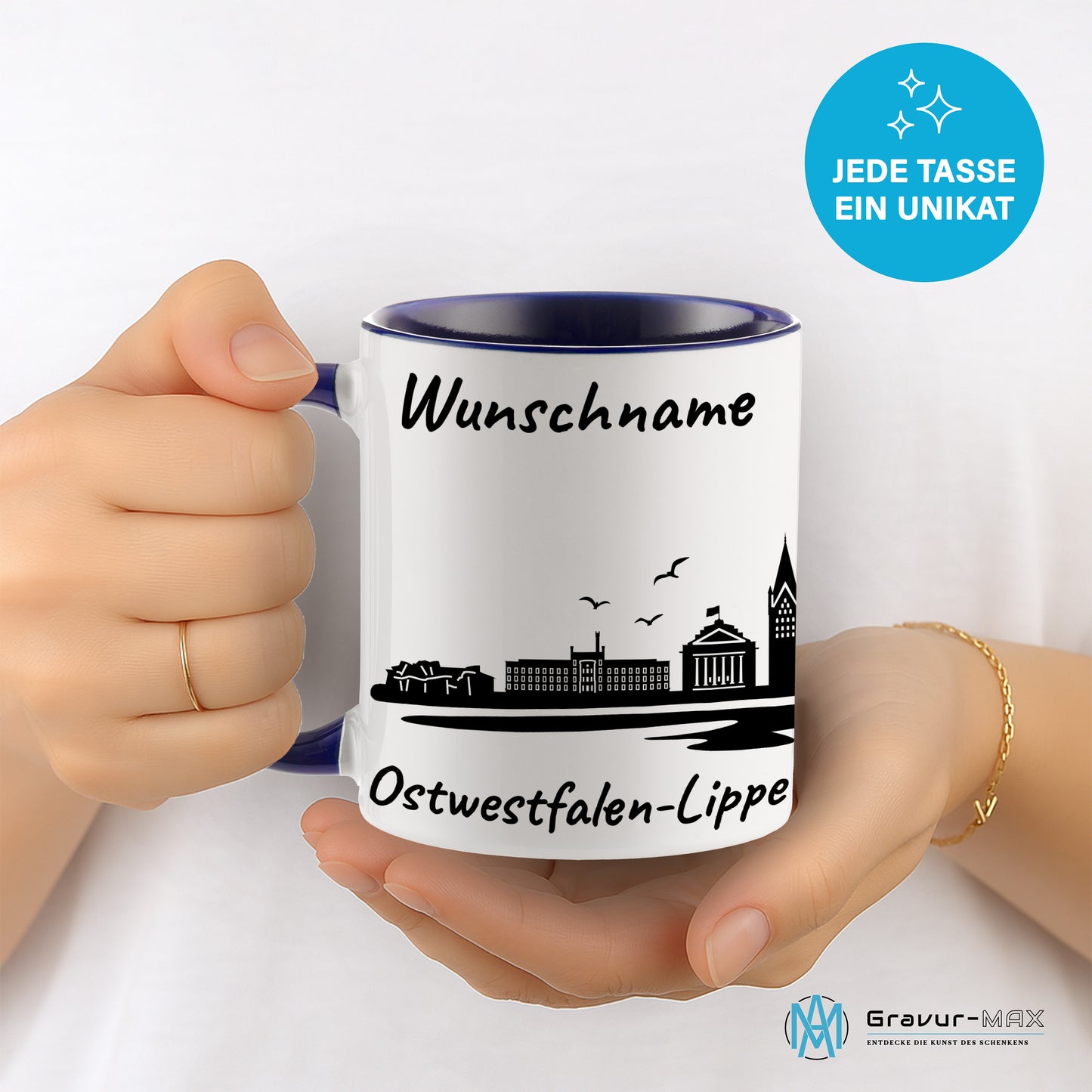 Tasse in Dunkelblau 330ml bedruckt mit der Skyline von Ostwestfalen-Lippe personalisierbar mit Wunschname