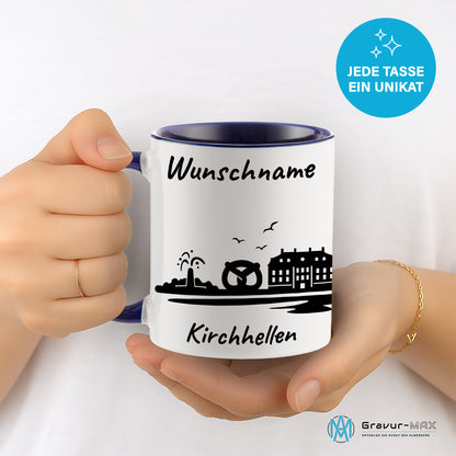 Tasse in Dunkelblau 330ml bedruckt mit der Skyline von Kirchhellen personalisierbar mit Wunschname