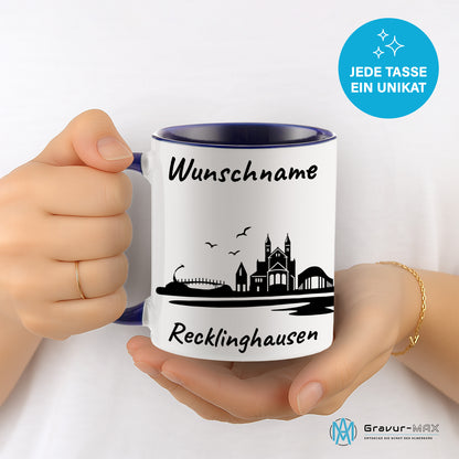 Tasse in Dunkelblau 330ml bedruckt mit der Skyline von Recklinghausen personalisierbar mit Wunschname