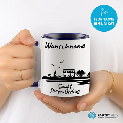 Tasse in Dunkelblau 330ml bedruckt mit der Skyline von Sankt Peter-Ording personalisierbar mit Wunschname