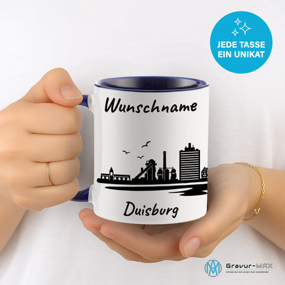 Tasse in Dunkelblau 330ml bedruckt mit der Skyline von Duisburg personalisierbar mit Wunschname