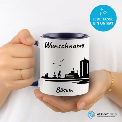 Tasse in Dunkelblau 330ml bedruckt mit der Skyline von Büsum personalisierbar mit Wunschname