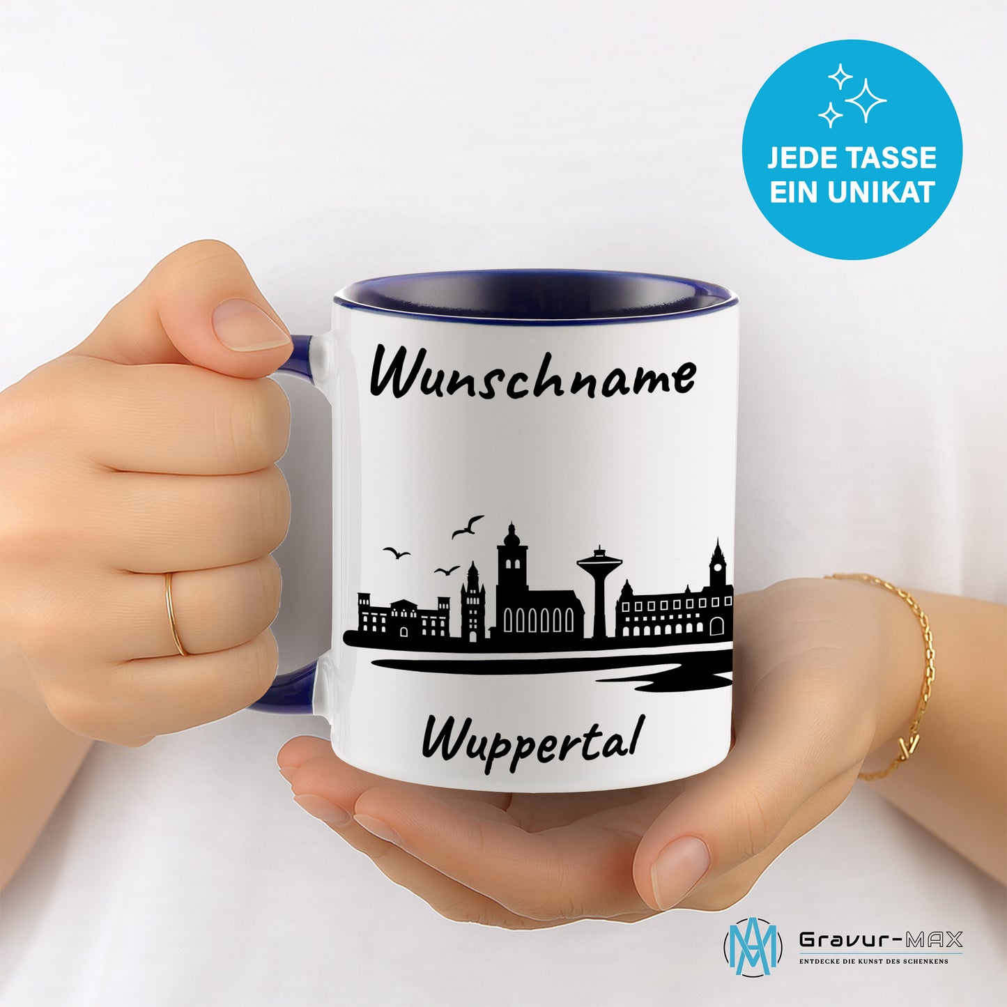 Tasse in Dunkelblau 330ml bedruckt mit der Skyline von Wuppertal personalisierbar mit Wunschname
