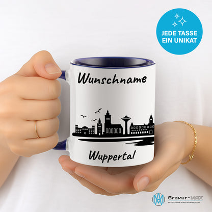 Tasse in Dunkelblau 330ml bedruckt mit der Skyline von Wuppertal personalisierbar mit Wunschname