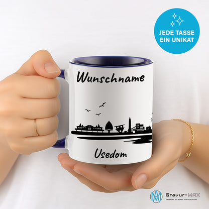 Tasse in Dunkelblau 330ml bedruckt mit der Skyline von Usedom personalisierbar mit Wunschname