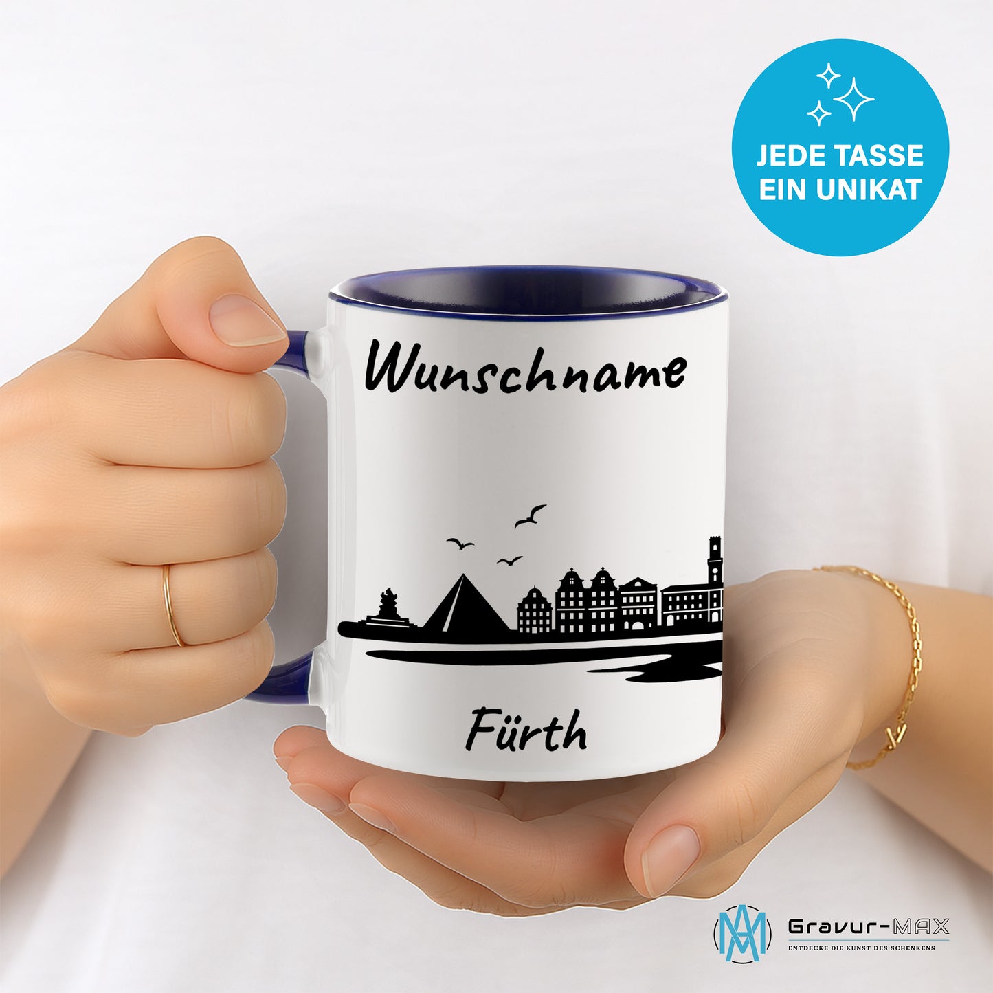 Tasse in Dunkelblau 330ml bedruckt mit der Skyline von Fürth personalisierbar mit Wunschname