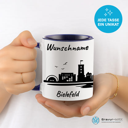 Tasse in Dunkelblau 330ml bedruckt mit der Skyline von Bielefeld personalisierbar mit Wunschname