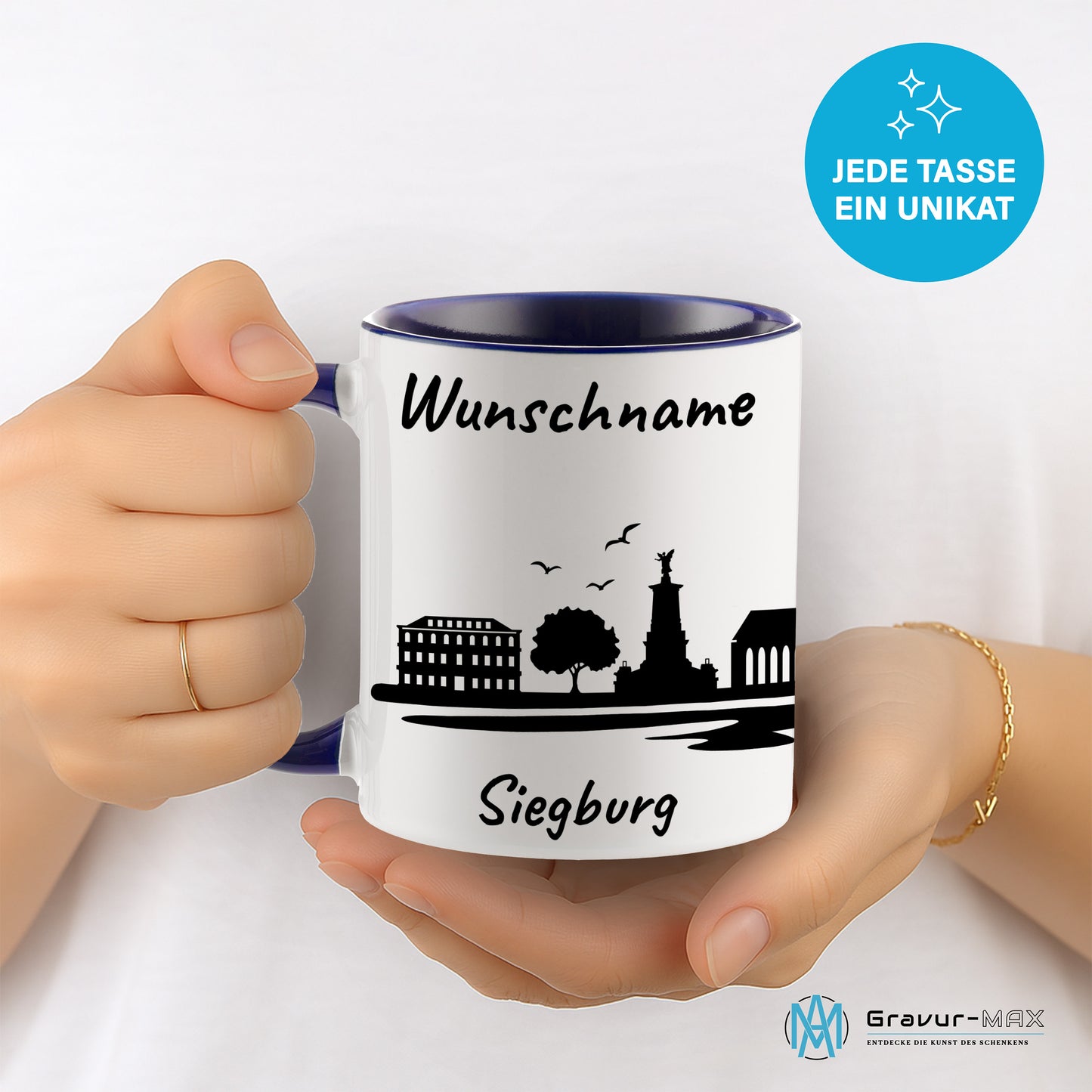 Tasse in Dunkelblau 330ml bedruckt mit der Skyline von Siegburg personalisierbar mit Wunschname