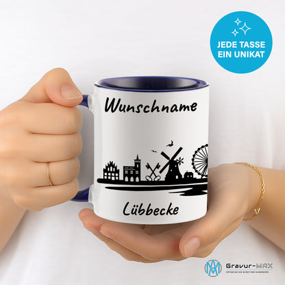 Tasse in Dunkelblau 330ml bedruckt mit der Skyline von Lübbecke personalisierbar mit Wunschname