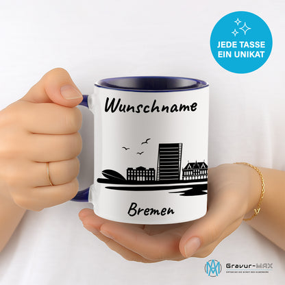 Tasse in Dunkelblau 330ml bedruckt mit der Skyline von Bremen personalisierbar mit Wunschname