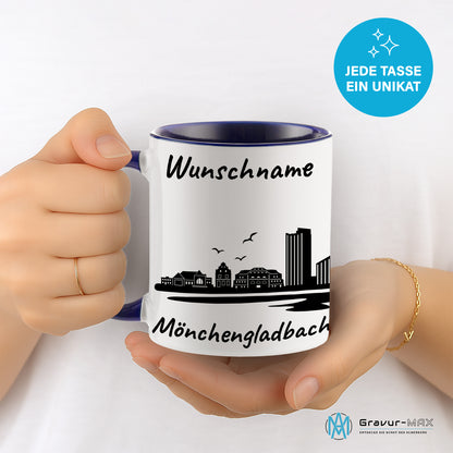 Tasse in Dunkelblau 330ml bedruckt mit der Skyline von Mönchengladbach personalisierbar mit Wunschname