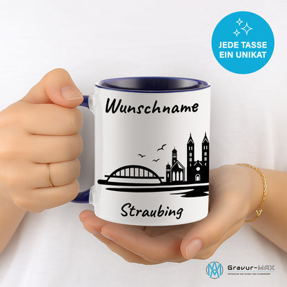 Tasse in Dunkelblau 330ml bedruckt mit der Skyline von Straubing personalisierbar mit Wunschname