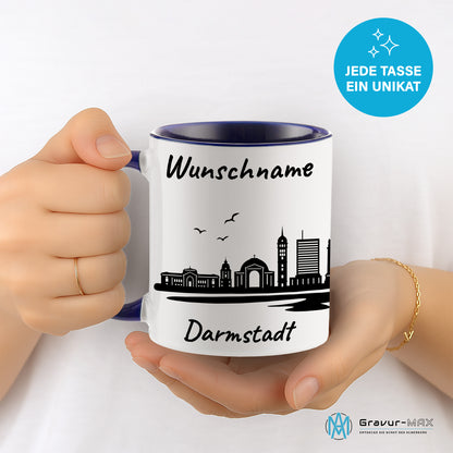Tasse in Dunkelblau 330ml bedruckt mit der Skyline von Darmstadt personalisierbar mit Wunschname